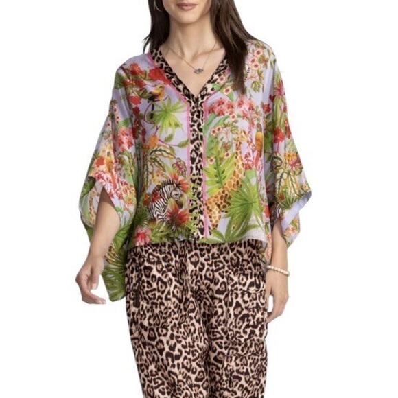 Johnny Was NWT Akoni Silk Floral Bird Leopard Blouse Button Down Sz S Dolman Slv - Picture 3 of 5